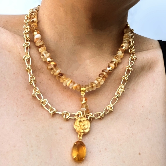 Natural Yellow Citrine Beads & Barbed Chain Two Strand Gold Plated Necklace - Picture 8 of 9